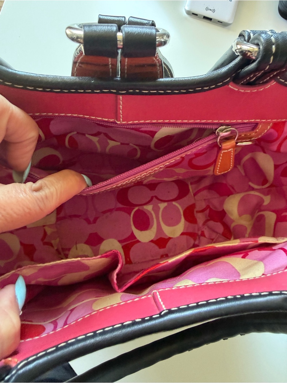 Coach Straw Tote with Black Trim and Pink Interior Accent - Picture 9 of 13